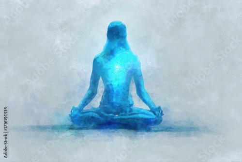 A serene figure of a meditating blue deity sitting in a lotus position.
