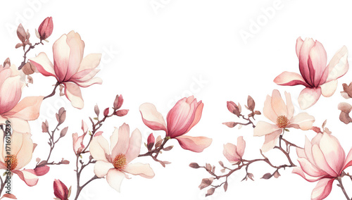 A serene arrangement of delicate magnolia flowers in soft pink and white hues. gracefully positioned across a clean. white background. ideal for spring-themed designs or nature-inspired projects