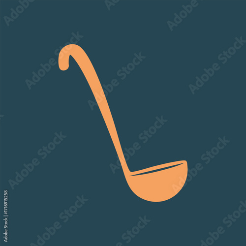Minimalist orange ladle icon with long handle on dark teal background for kitchen and cooking concepts