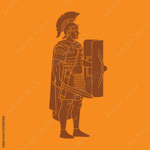 Detailed silhouette of an ancient warrior soldier holding a sword and shield against an orange background