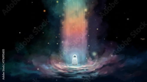 A luminous pathway leads a small figure through a vibrant cosmic scene, full of ethereal colors and gentle light.