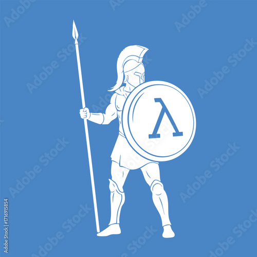 Illustration of an ancient warrior holding a spear and shield with a Greek letter lambda symbol on a blue background