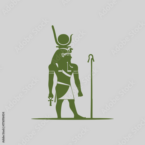 Stylized illustration of an ancient Egyptian deity holding an ankh and standing beside a staff with traditional headdress