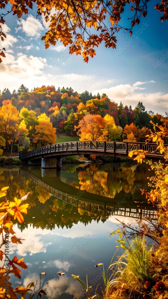 Obraz premium Autumnal landscape with a bridge reflected in a calm lake