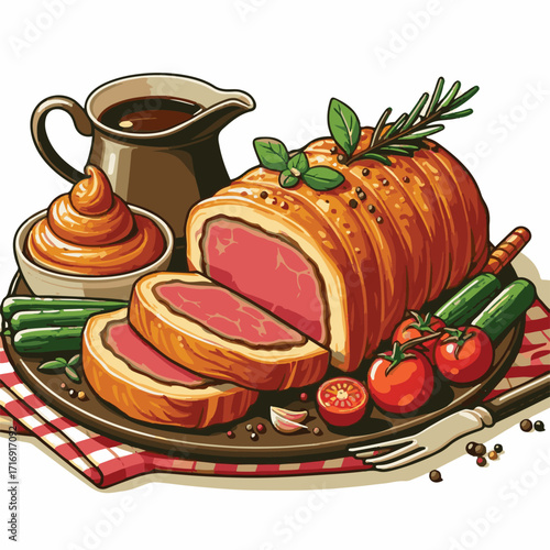 meat, food, traditional, slice, dinner, pastry, meal, beef, cooking, red, lunch, holiday, wellington, sauce, roasted, puff, recipe, steak, cut, fillet, stuffed, pie, christmas, ingredient, tradition, 