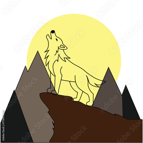 Wolf howling outline in front of yellow moon with mountain wild scenery
