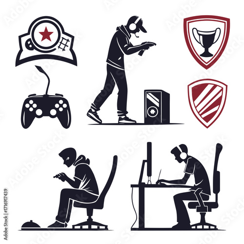 “Gaming silhouette vector pack: esports players, game controllers, VR headsets, streamers, gaming chairs, consoles, battle icons for gaming branding, digital lifestyle, and competitive esports designs