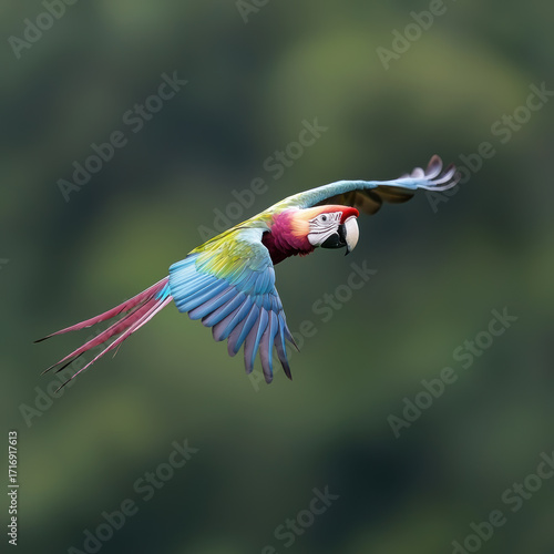 Vibrant macaw soaring gracefully through lush rainforest, showcasing its stunning colors