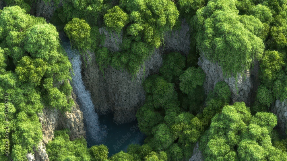 Naklejka premium Lush green forest with a waterfall cascading down rocky cliffs.