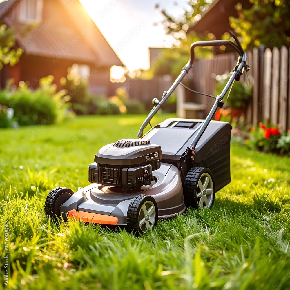 Fototapeta premium Lawn mower in a backyard garden at sunset