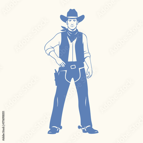 Illustration of a confident cowboy standing with hand on hip wearing traditional western attire and spurs on boots