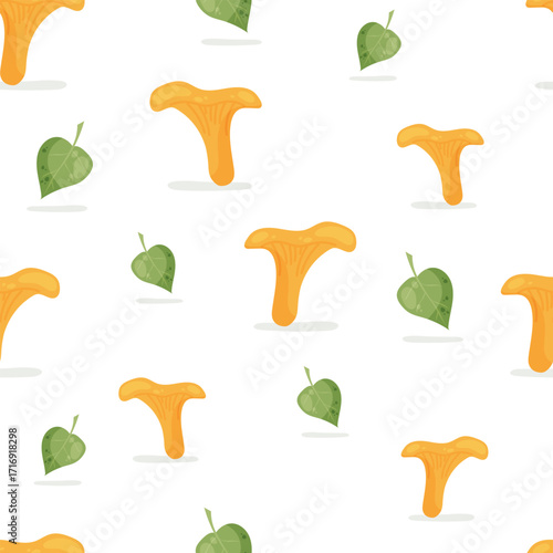 Vector seamless pattern with yellow chanterelle mushrooms and green aspen leaves. Perfect for autumn designs, textiles, wrapping paper, backgrounds, cards, invitations and seasonal decor