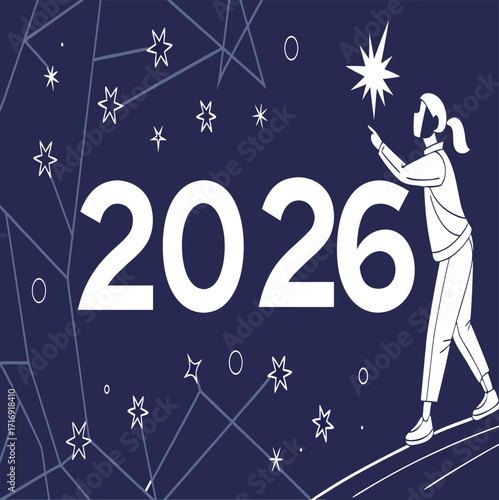 A woman reaches for a star in the night sky, with the year 2026 prominently displayed, symbolizing future aspirations