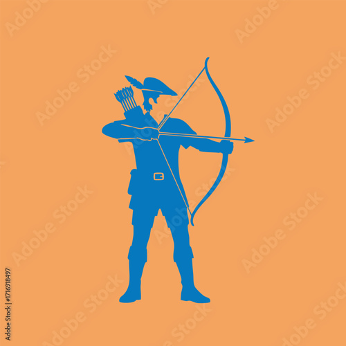 Silhouette of an archer in medieval attire aiming a bow with arrow drawn against a solid background