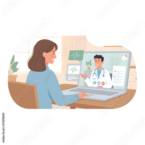 Woman consults doctor remotely via laptop video call showing medical charts and vital signs