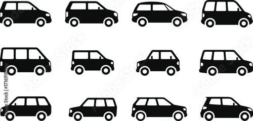 Black car silhouette icons collection showing different compact cars, vans and SUVs, isolated vector transportation symbols for automotive design