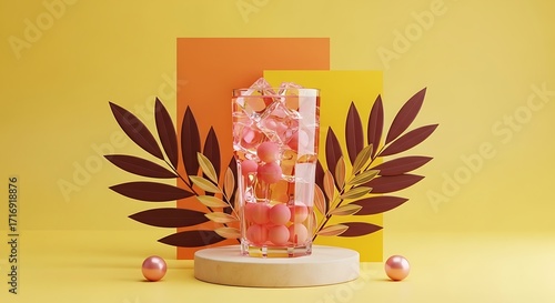 Refreshing Summer Drink with Ice Cubes and Orbs on a Pastel Yellow Background