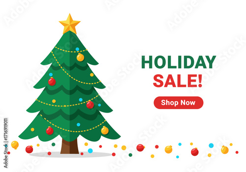 Christmas tree holiday sale vector illustration. Digital advertising banner for seasonal promotions, e-commerce, and winter discounts
