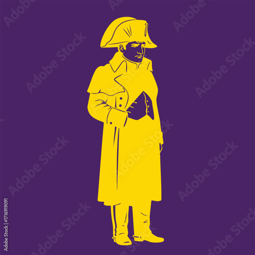 Yellow silhouette of a historical figure in a long coat and bicorne hat standing against a solid purple background