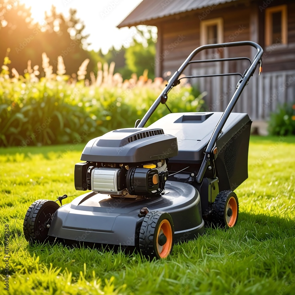 Fototapeta premium Lawn mower in a garden setting at sunset