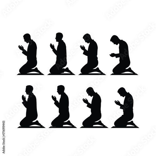 Elegant Islamic Prayer Pose Silhouette Art, Solid Black on White Background for Versatile Design Use