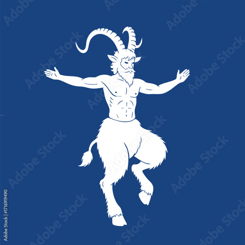 Illustration of a mythical satyr creature with goat legs and horns dancing with arms outstretched on a blue background