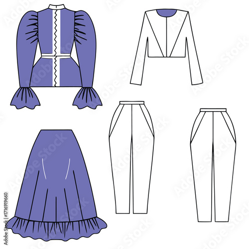 Artistic fashion layout presents a vintage dress, flowing skirt, cropped jacket, and pants on white