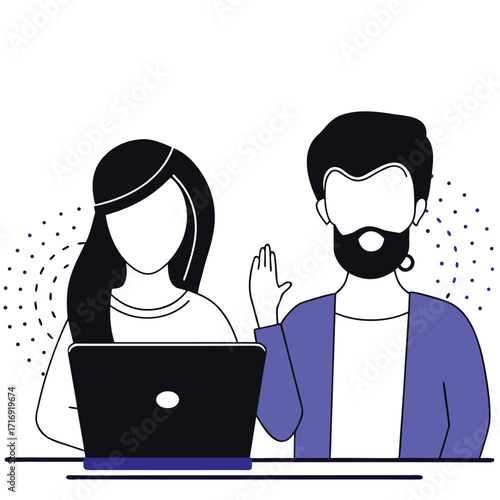 Brunette woman uses laptop as bearded man waves his hand in greeting