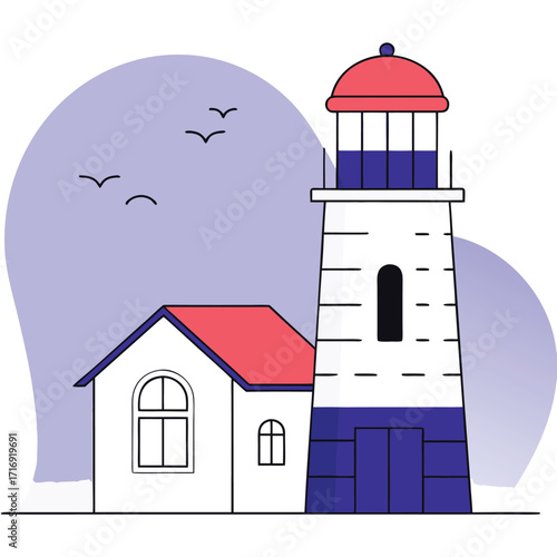Cartoon shows lighthouse near building, birds flying against a transparent background