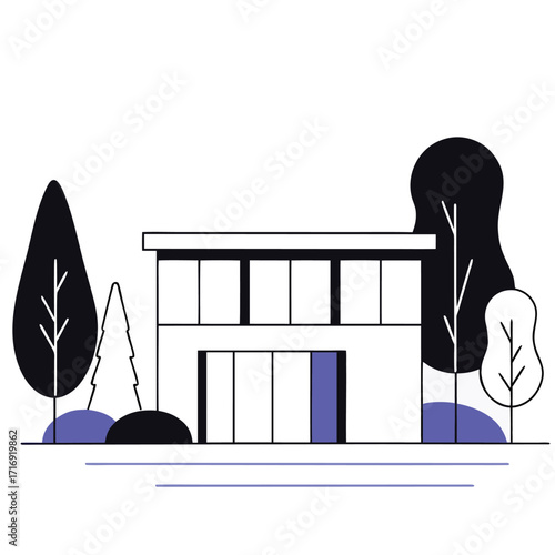 Modern twostory house stands amongst trees with simplistic linear details and blue highlights on transparent background