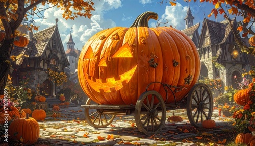 ハロウィンのかぼちゃの馬車。絵画のような描写。AIで生成
