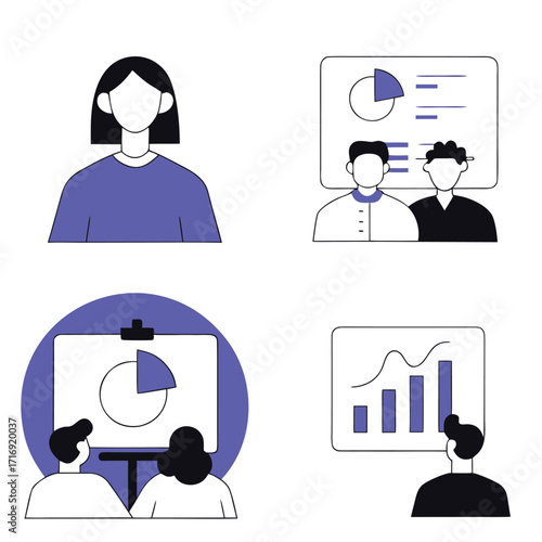 Four scenes depict people viewing presentation charts about sales analytics on white background
