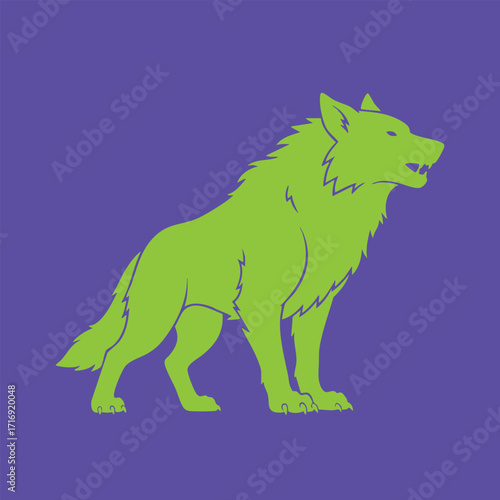 Illustration of a green wolf standing alert with its mouth slightly open on a solid purple background