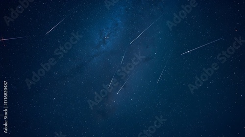 Meteor Shower with Multiple Shooting Stars in Night Sky