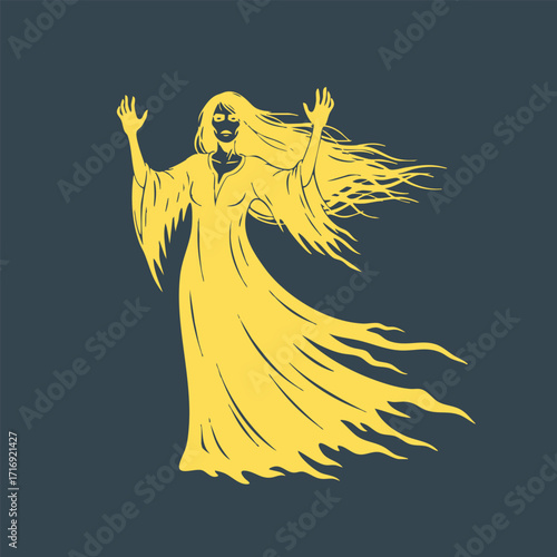 Illustration of a ghostly woman with flowing hair and tattered dress raising hands in a haunting pose on dark background