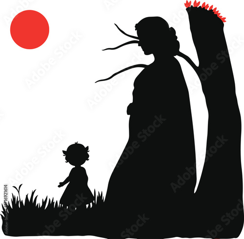 The prompt requests a Color sketchnote style hand-drawn sketch showing a classic Vector style silhouette of a Tamil family, timeless and elegant, on a white background.