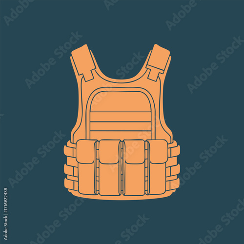 Illustration of a tactical vest with multiple pouches and adjustable straps on a solid background