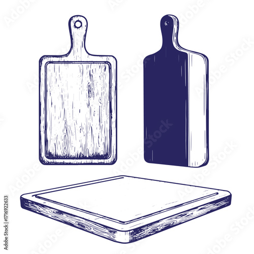 Detailed illustration of three rustic wooden cutting boards in different angles and styles