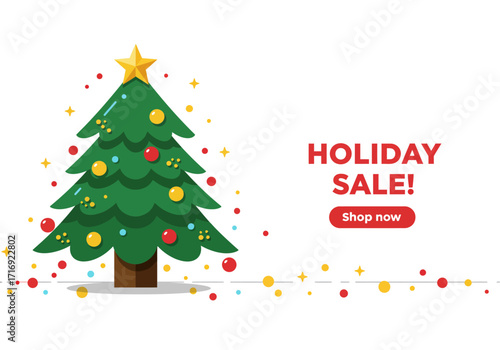 Digital banner illustration for a holiday sale, featuring a decorated Christmas tree with ornaments and festive confetti, promoting shopping now