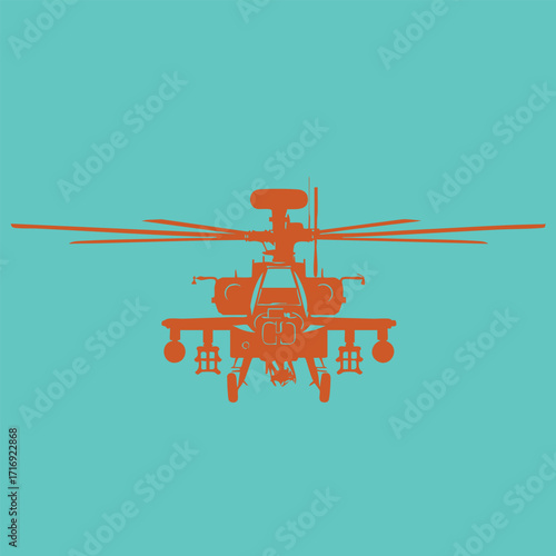 Front view silhouette of a military attack helicopter with rotors and weaponry against a solid background