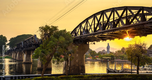 The Bridge Over The River Kwai at sunset,Kanchanaburi,Thailand.