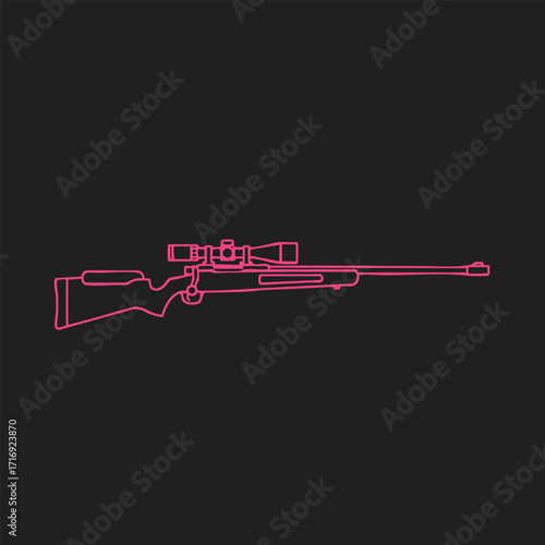 Minimalist neon pink outline of a sniper rifle with scope on black background in modern vector style