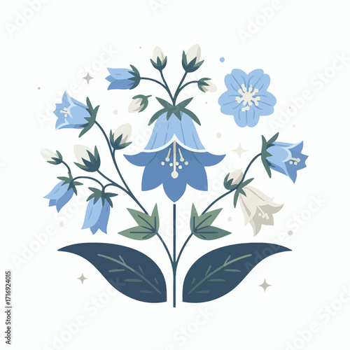 flower, bellflower, plant, botanical, summer, illustration, blossom, leaf, floral, green, spring, isolated, flora, campanula, drawing, design, purple, bluebell, blue, bloom, bell, bouquet, vintage, na