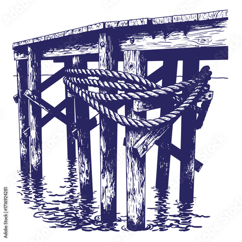 Hand drawn illustration of a weathered wooden pier with ropes tied to the pilings