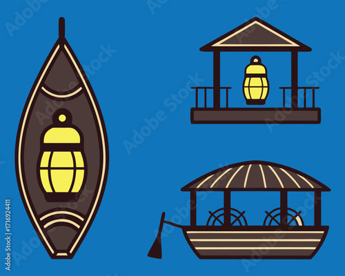 Stylized Gondola and Floating Buildings Illustrations on Blue Background for Travel Concepts