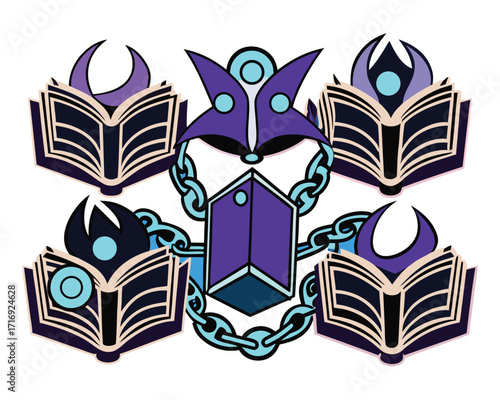 Arcane Library Logo with Books, Chains, Crests and Magical Symbols Illustration