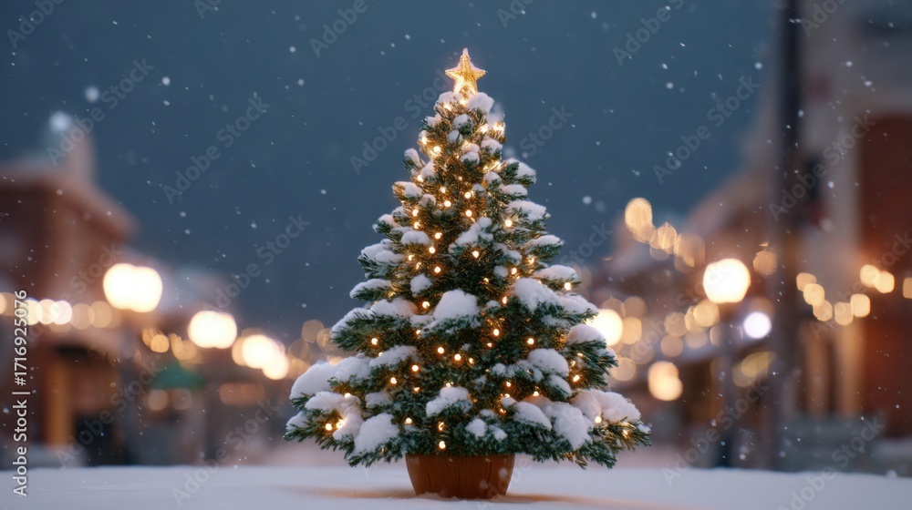 Obraz premium Beautiful snow-covered Christmas tree with lights and star decoration, festive ambiance in winter wonderland setting during holiday season