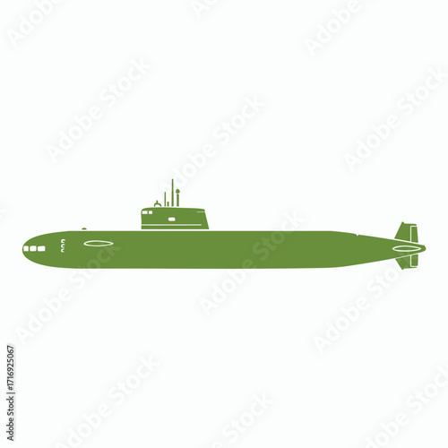 Illustration of a green military submarine with antennas and propeller viewed from the side on a white background
