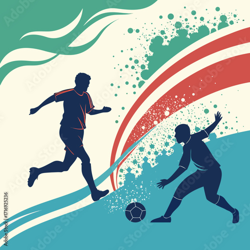 “Abstract soccer silhouette vector: football players in motion, particle dust, splash wave, dynamic goalkeeper save, sport energy art for posters, branding, backgrounds, and tournament design themes”