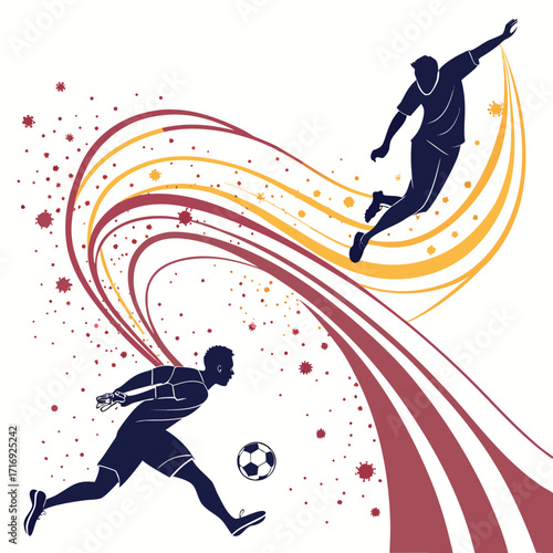 “Abstract soccer silhouette vector: football players in motion, particle dust, splash wave, dynamic goalkeeper save, sport energy art for posters, branding, backgrounds, and tournament design themes”